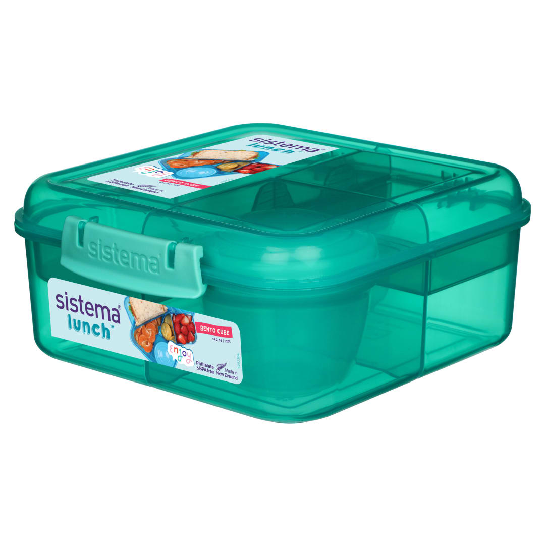 Sistema Bento Cube Lunch Box | 1.25 L Food Storage Container with Individual Compartments & Yoghurt Pot | Assorted Colours (Varies by Pack) | 1 Count