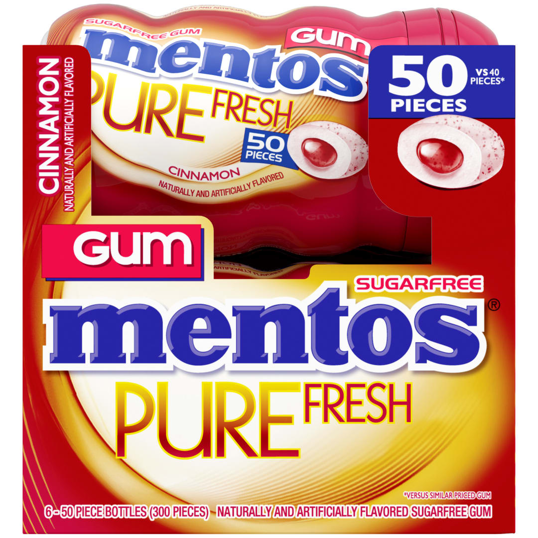Mentos Gum Pure Fresh Sugar Free Chewing Gum Cinnamon 50 pc Curvy Bottles - 6 Pack