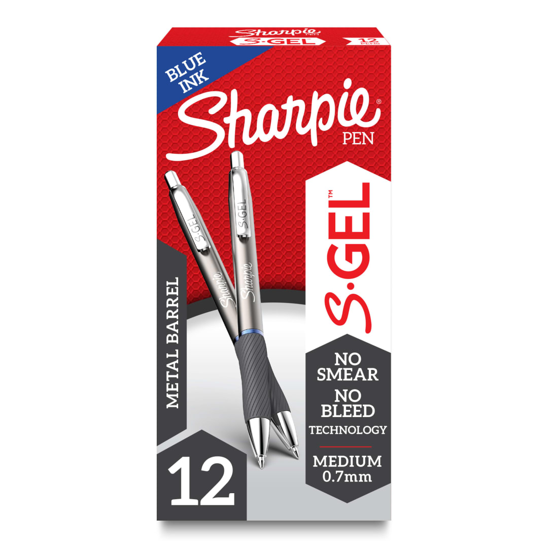Sharpie® S-Gel, Gel Pens, Sleek Metal Barrel, Medium Point (0.7mm), Blue Ink, 12 Count