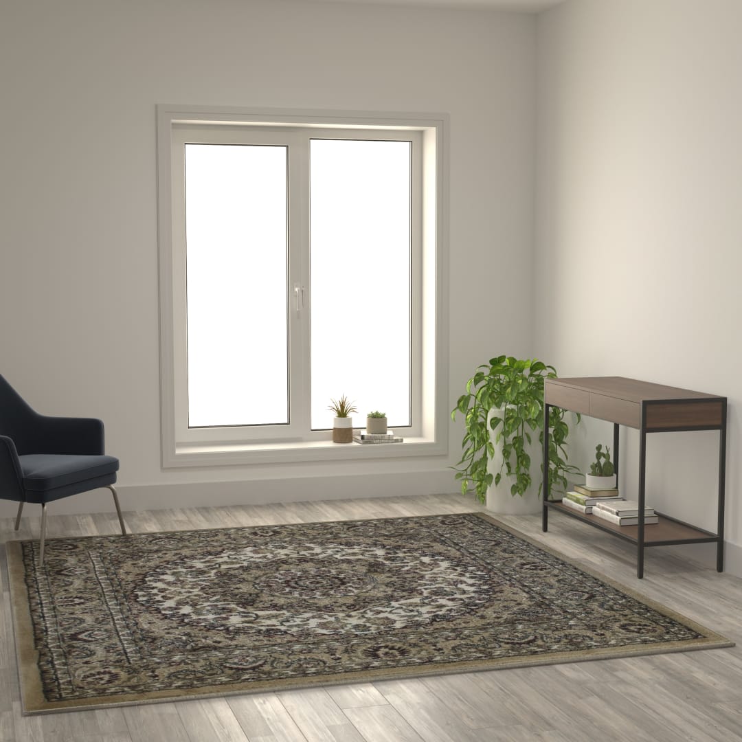 Mersin Collection Persian Style 7x7 Ivory Square Area Rug-Olefin Rug with Jute Backing-Hallway, Entryway, Bedroom, Living Room