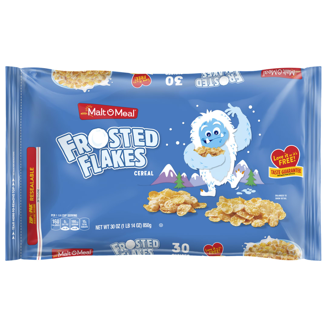 Malt-O-Meal Frosted Flakes Breakfast Cereal, Sweet Frosty Flakes, Family Size 30 oz Resealable Bag