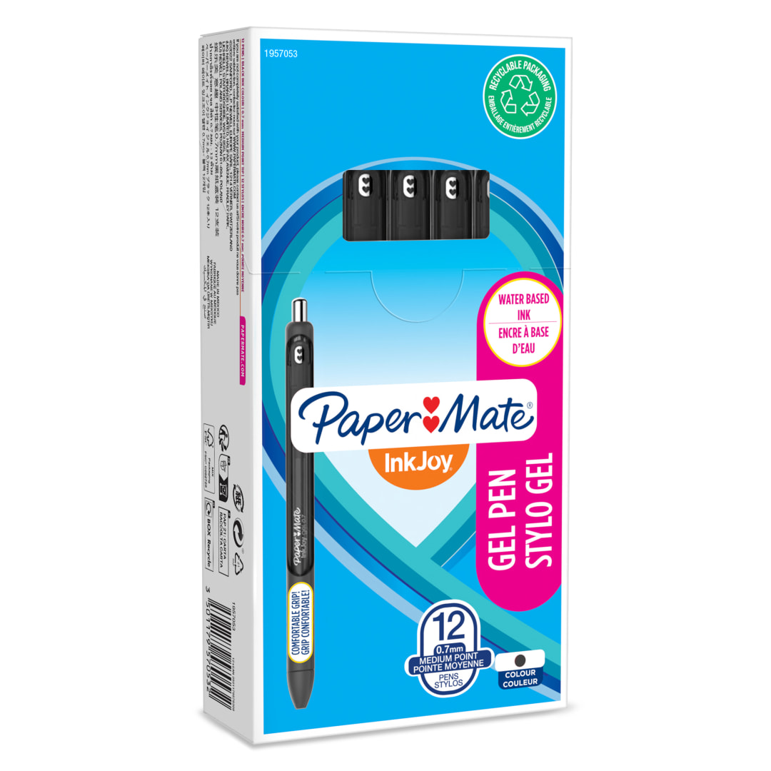 Paper Mate InkJoy bolígrafo de gel | punta media (0,7mm) | negro | caja de 12