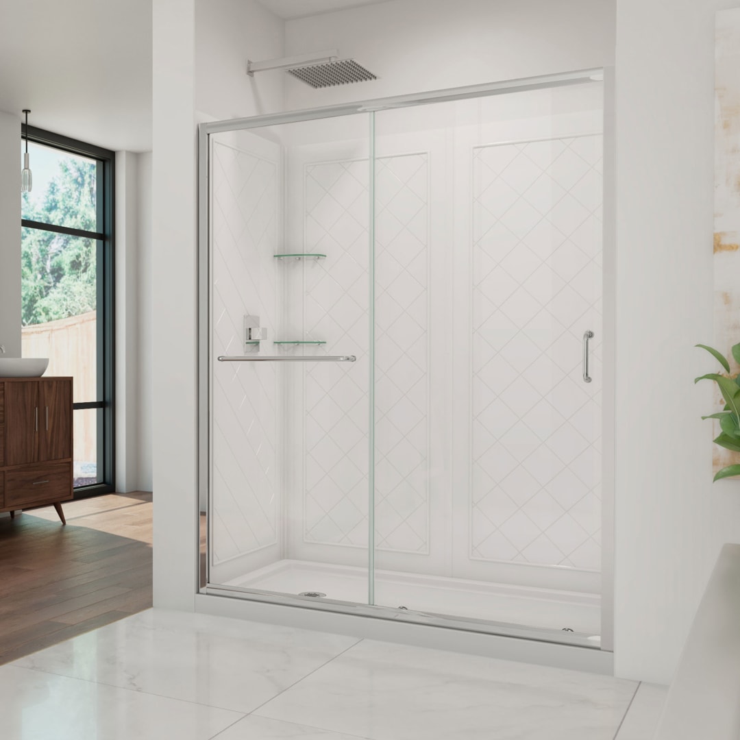 DreamLine Infinity-Z 32 inch D x 60 inch W x 76 3/4 inch H Semi-Frameless Sliding Shower Door in Chrome and Clear Glass, Left Drain Shower Base, and Wall Kit in White