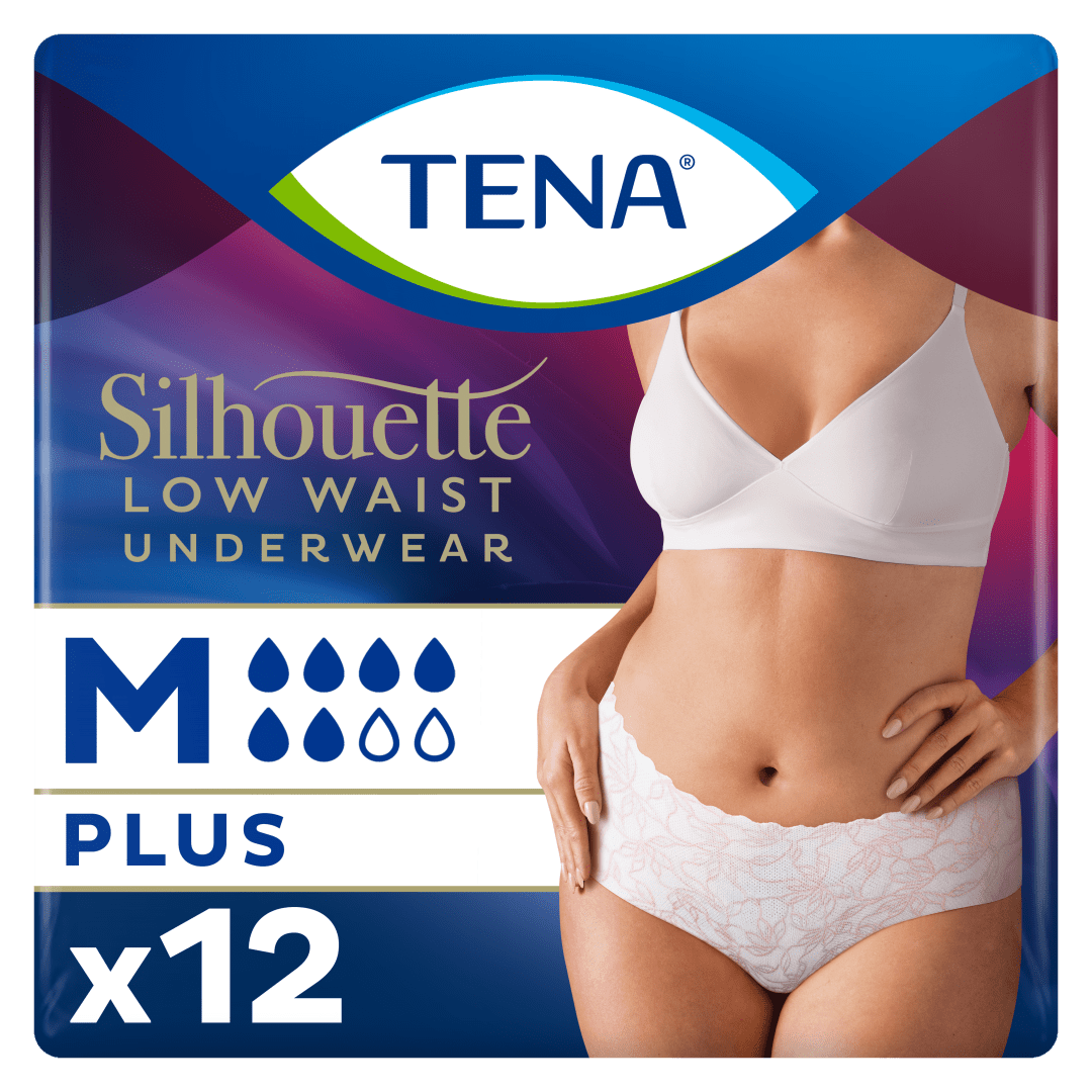 TENA Silhouette Plus Low Waist – Elegant Discreet Incontinence Underwear for Women, Moderate to Heavy Leakage Protection, Stylish Design &amp; Triple Protection, White, Medium, Pack of 12
