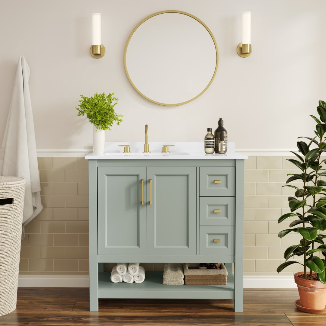 Vega 36" Bathroom Vanity with Sink, Cabinet with Gold Hardware, Soft Close Doors, Open Shelf &amp; 3 Drawers, Carrara Marble Finish Counter, Sage/White