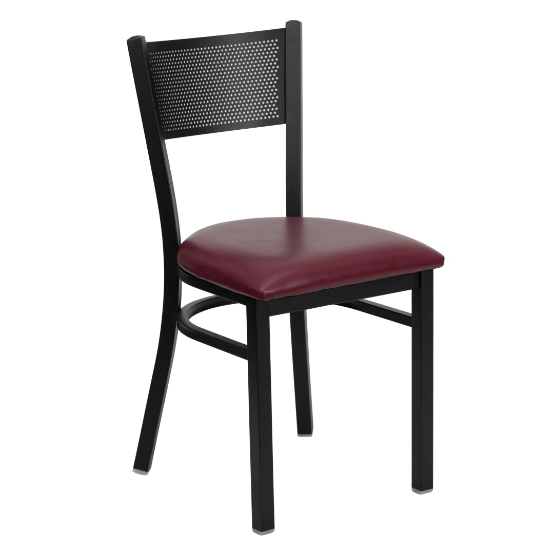 4 Pk. HERCULES Series Black Grid Back Metal Restaurant Chair - Burgundy Vinyl Seat