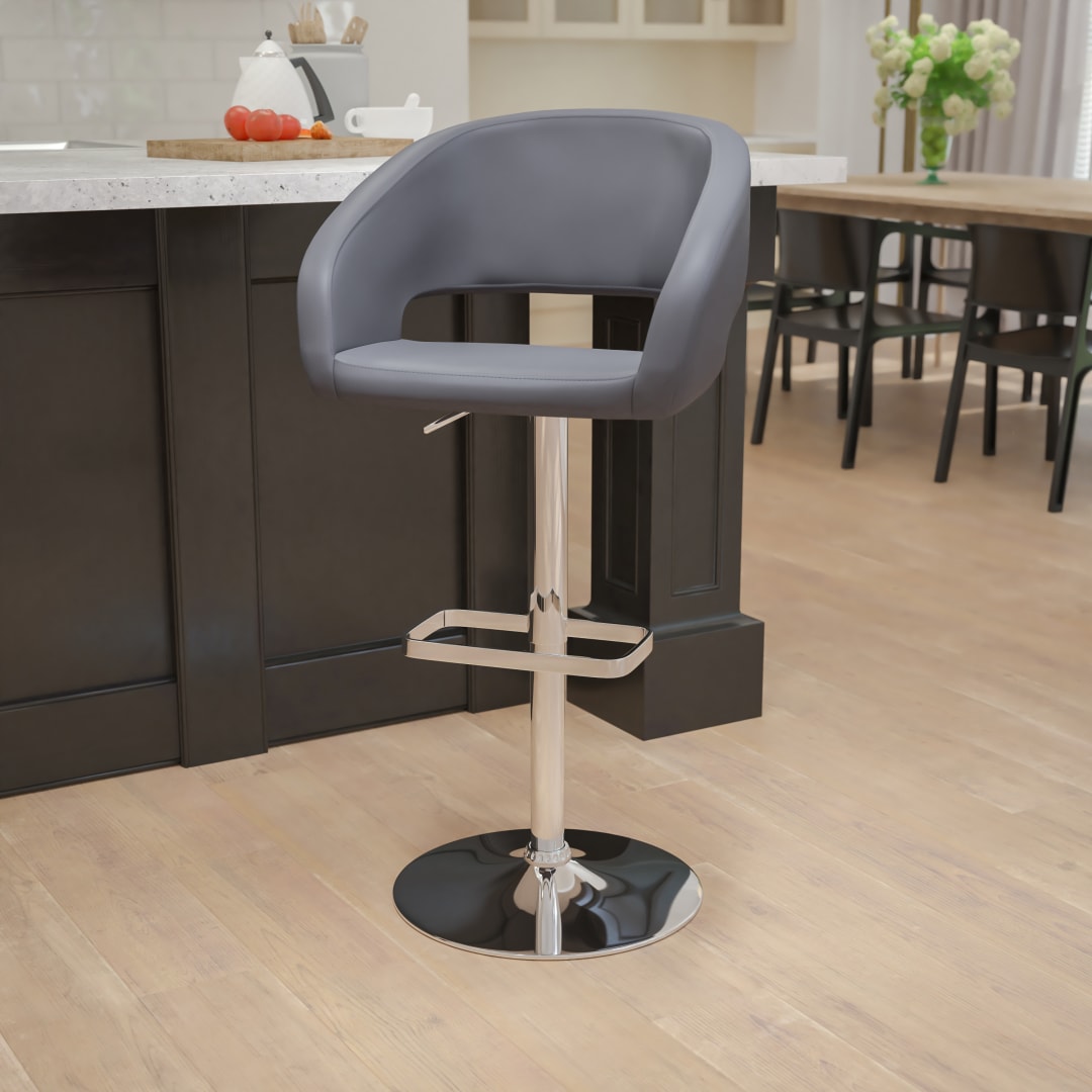 Erik Contemporary Gray Vinyl Adjustable Height Barstool with Rounded Mid-Back and Chrome Base