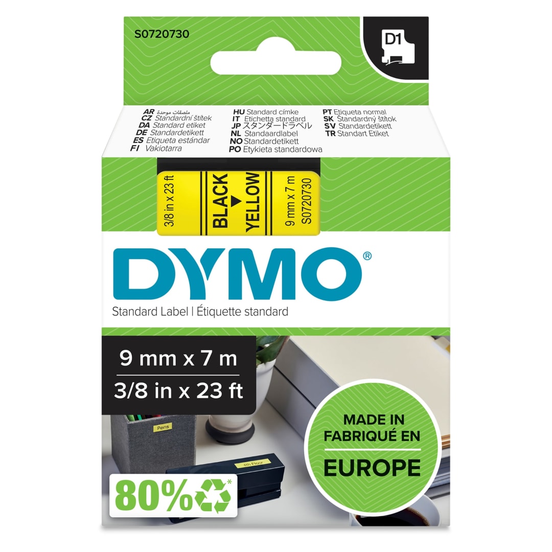 DYMO® Authentic D1 Labels | Black Print on Yellow Tape | 9 mm x 7 m | Self-Adhesive Labels for LabelManager Label Makers | Made in Europe