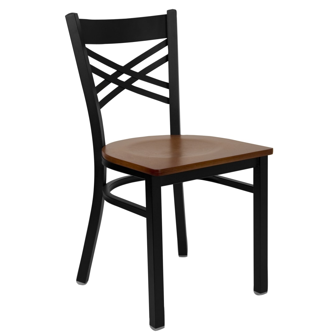 4 Pk. HERCULES Series Black ''X'' Back Metal Restaurant Chair - Cherry Wood Seat