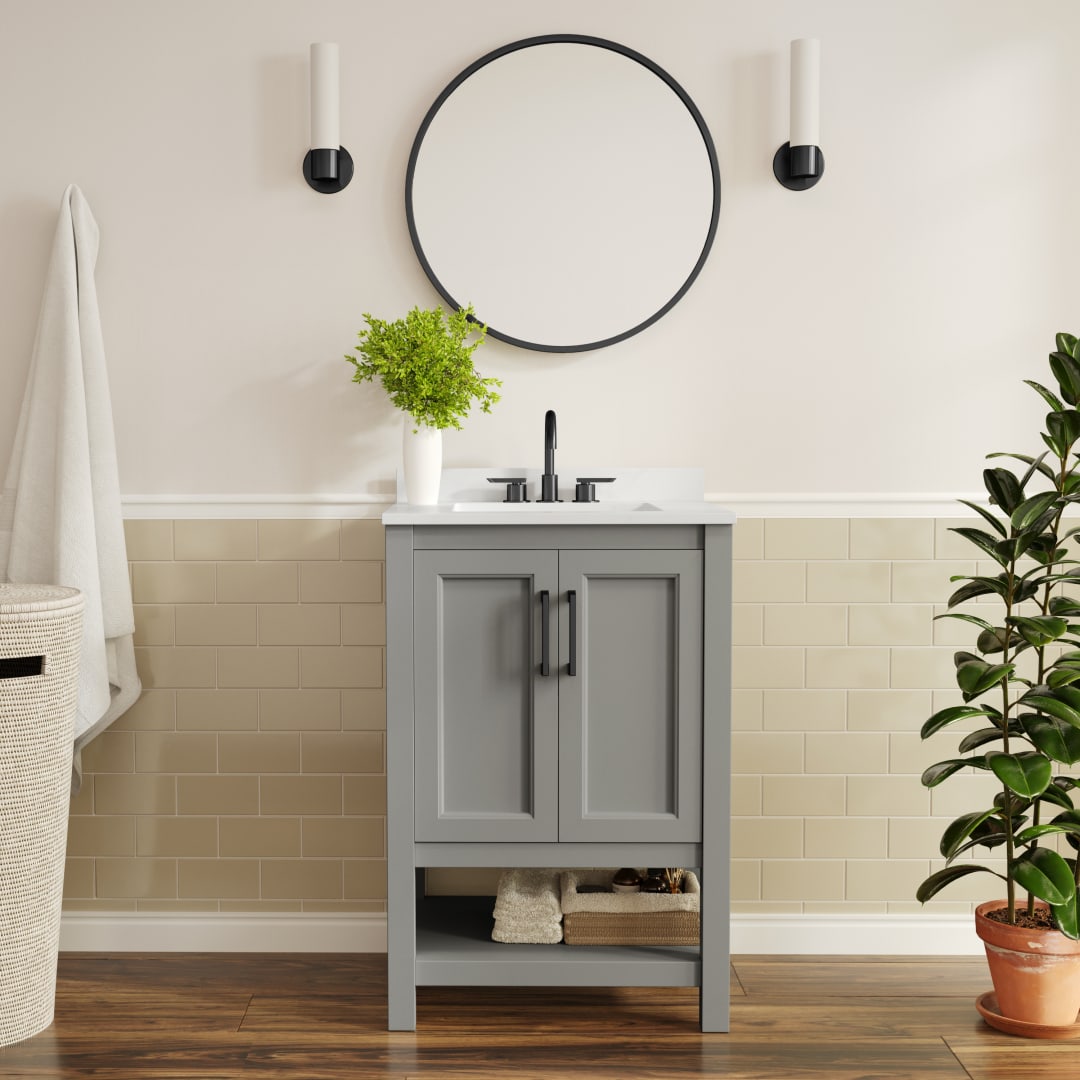 Vega 24" Bathroom Vanity with Sink, Storage Cabinet with Soft Close Doors &amp; Open Shelf, Carrara Marble Finish Counter &amp; Black Hardware, Gray/White