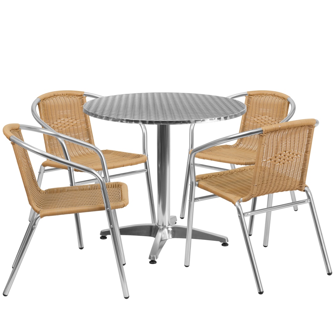 Lila 31.5'' Round Aluminum Indoor-Outdoor Table Set with 4 Beige Rattan Chairs