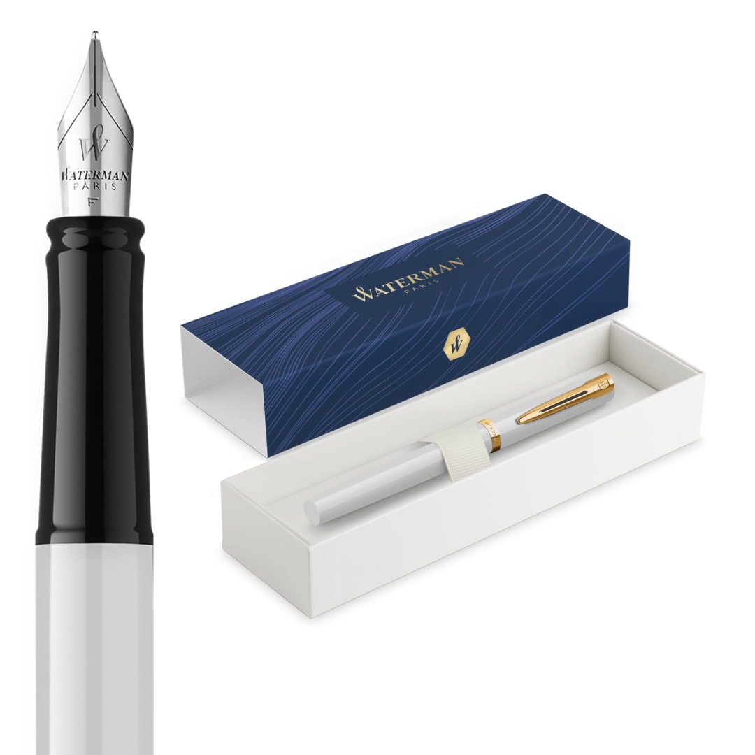 Waterman Impression Fountain Pen | Fine Nib with Blue Ink Refill | White Lacquer with Gold-Coated Trim | Gift Box