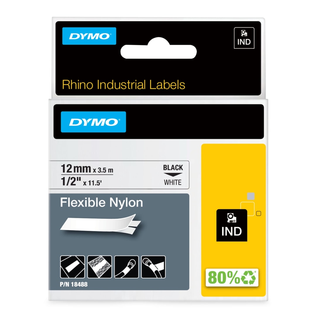DYMO® Industrial Flexible Nylon Labels | Authentic DYMO® Labels, For Labeling Wires, Cables and More (1/2", Black on White)
