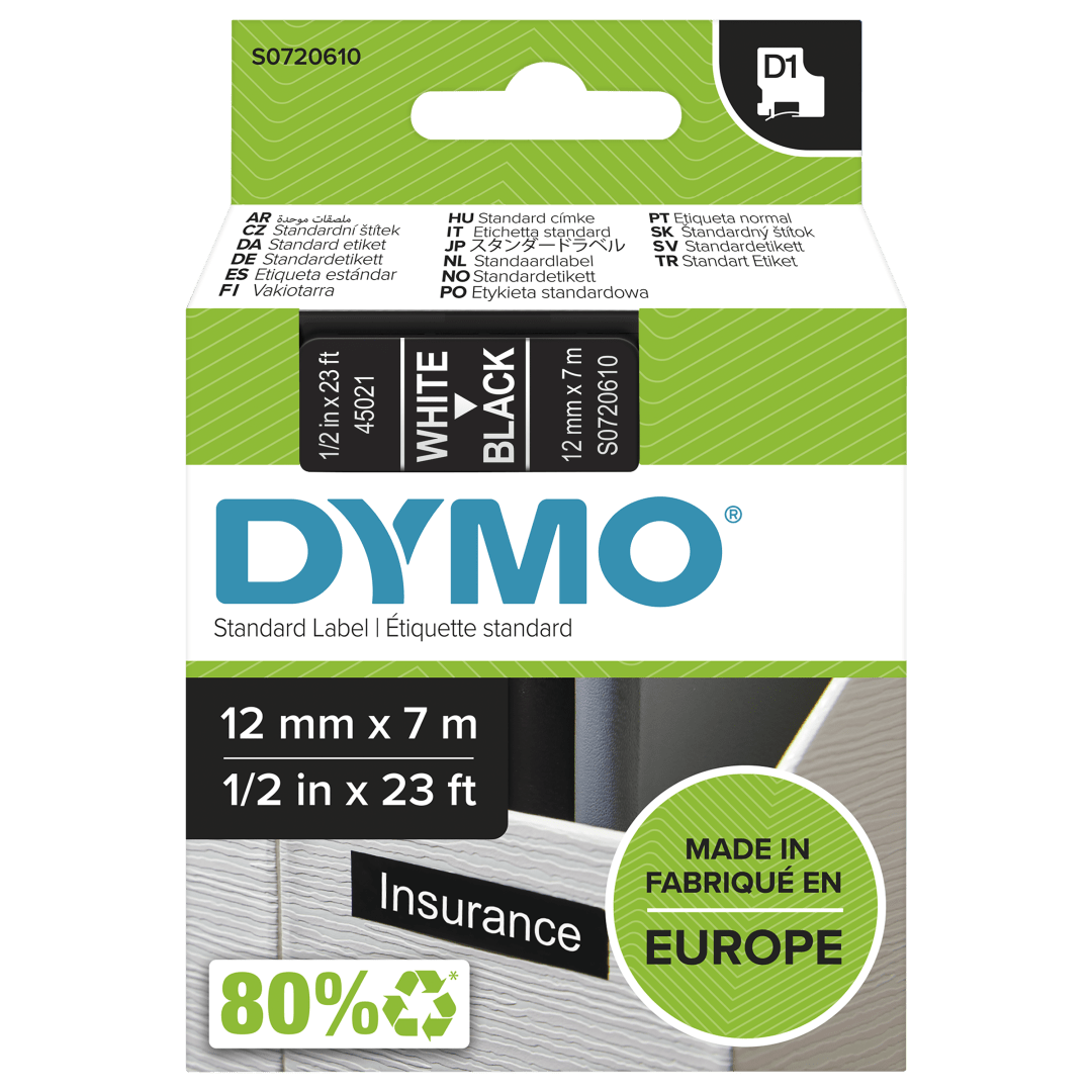 DYMO® Authentic D1 Labels, White Print on Black Tape, 12 mm x 7 m, Self-Adhesive Labels for LabelManager Label Makers, Made in Europe