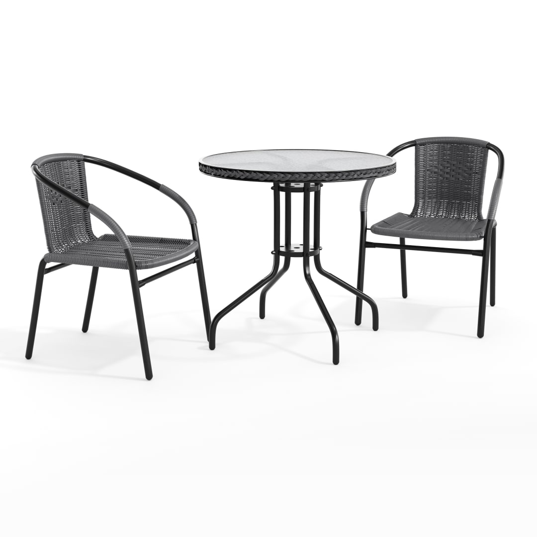 Lila 28'' Round Glass Metal Table with Gray Rattan Edging and 2 Gray Rattan Stack Chairs