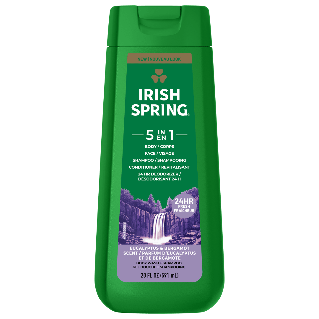 Irish Spring 5 in 1 Moisturizing Body Wash for Men, Shampoo, Conditioner, Body and Face Wash, and 24 Hour Deodorizer, Paraben-Free, Fresh Eucalyptus & Bergamot Scent, 20 fl oz