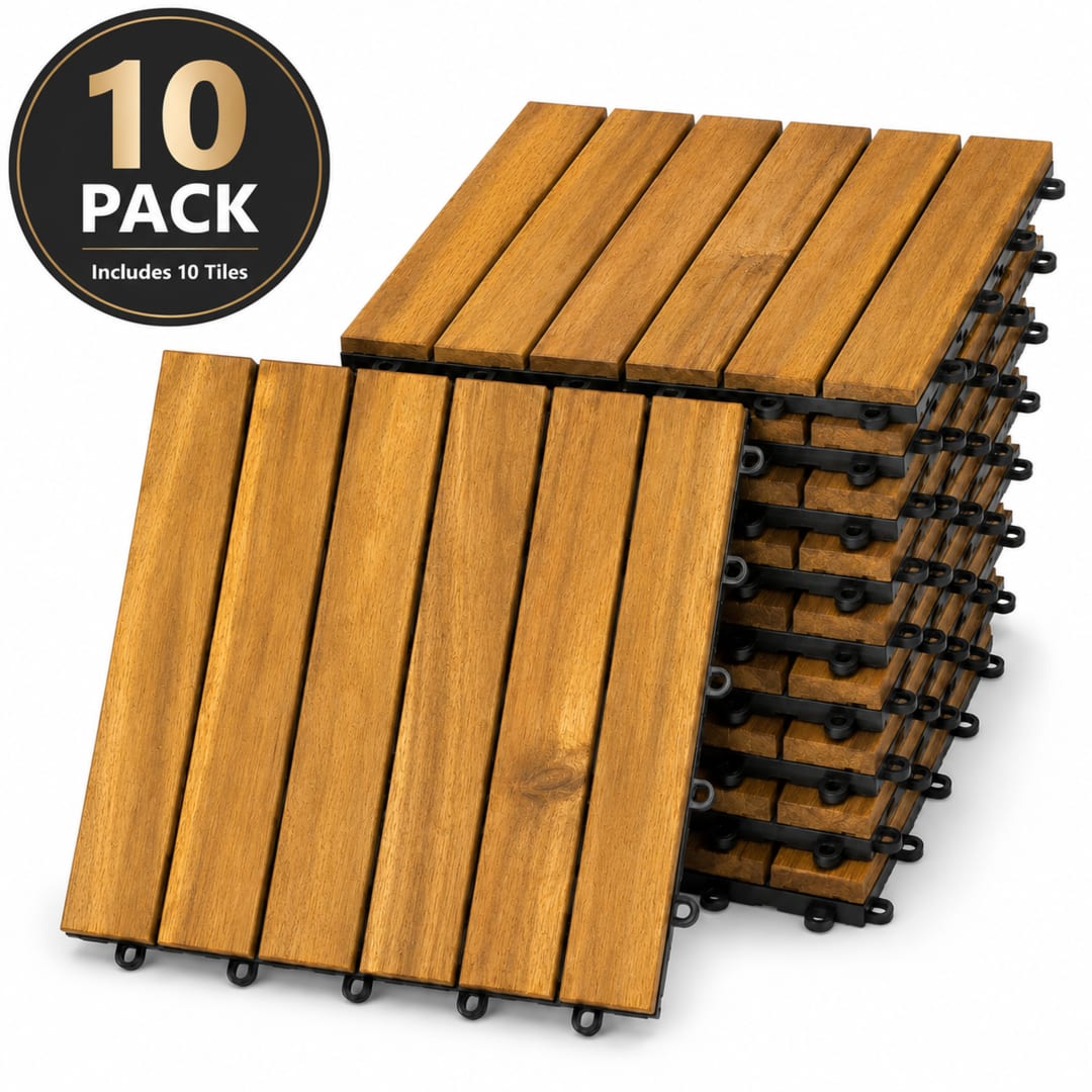 Patio Flooring Indoor/Outdoor 12 in. Golden Teak Acacia Wood Interlocking Deck Tiles, 10-Pack