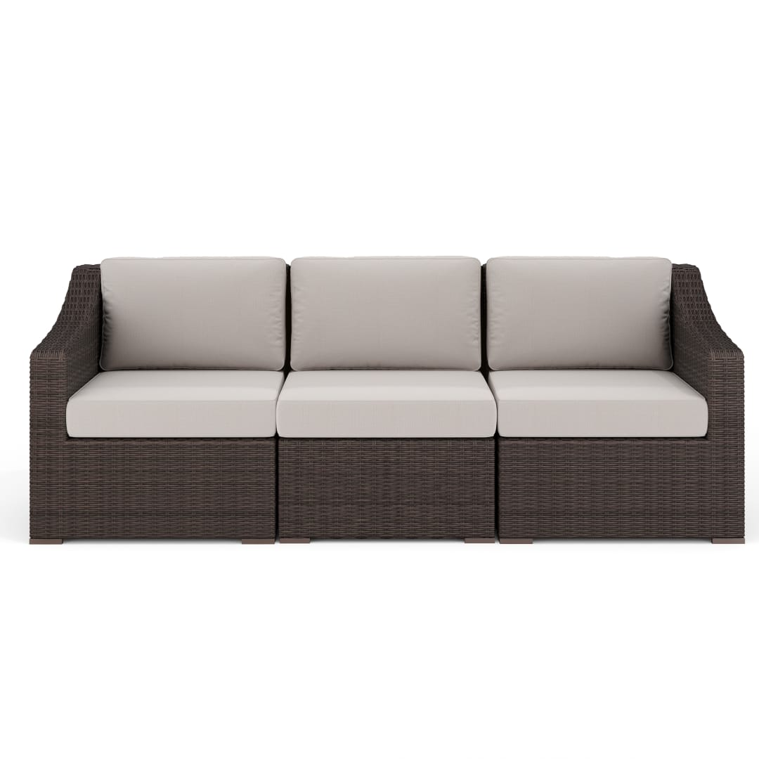 Bedford Indoor-Outdoor Modular Patio Sofa in Brown Rattan Wicker with Tan All-Weather Cushions