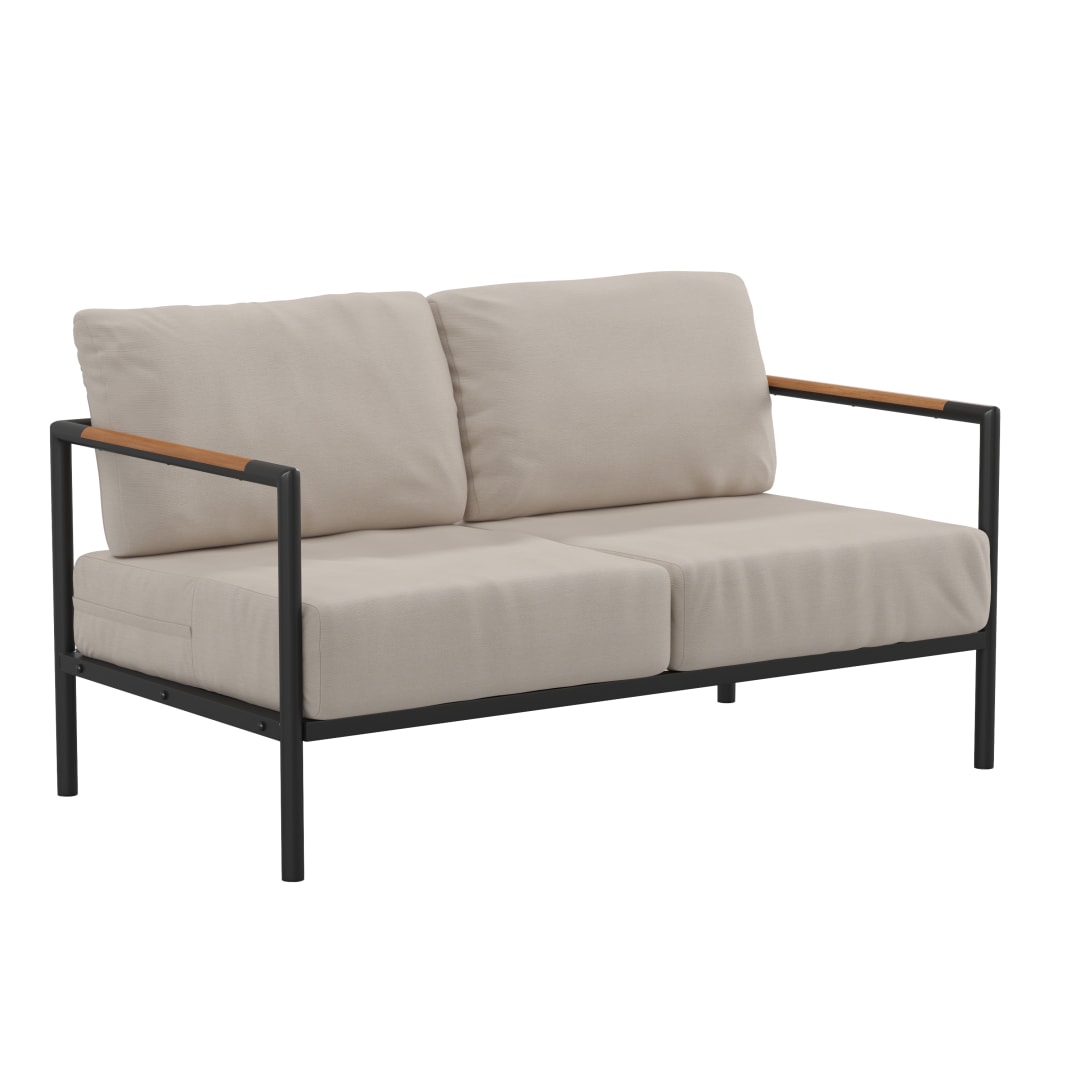 Lea Indoor/Outdoor Patio Loveseat with Cushions-Modern Aluminum Framed Loveseat with Teak Accent Arms, Black with Beige Cushions