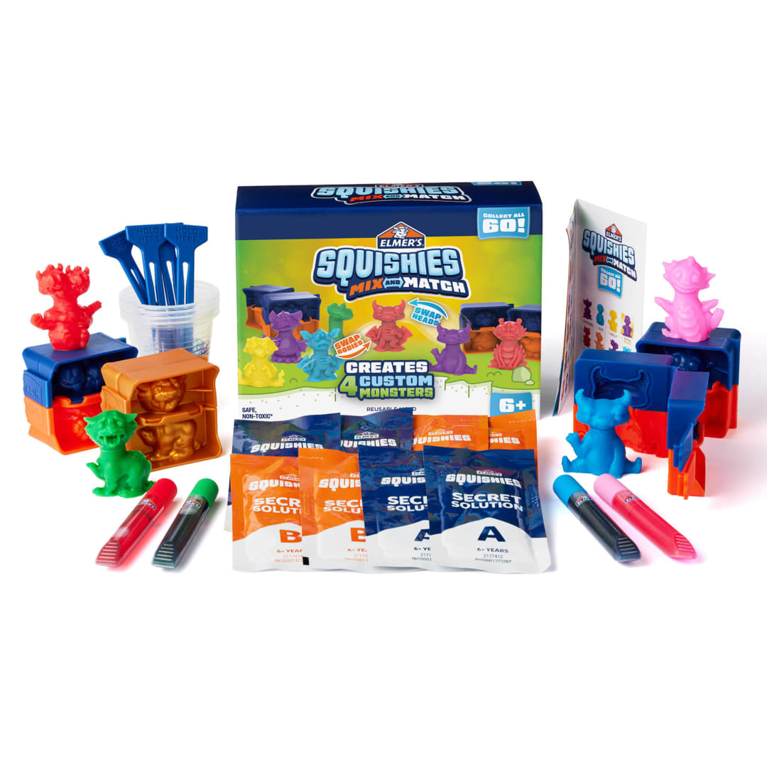 Elmer’s Squishies Mix and Match, DIY Squishy Toys, Kids Crafts, Creates 4 Mix and Match Characters, 24 Piece Kit