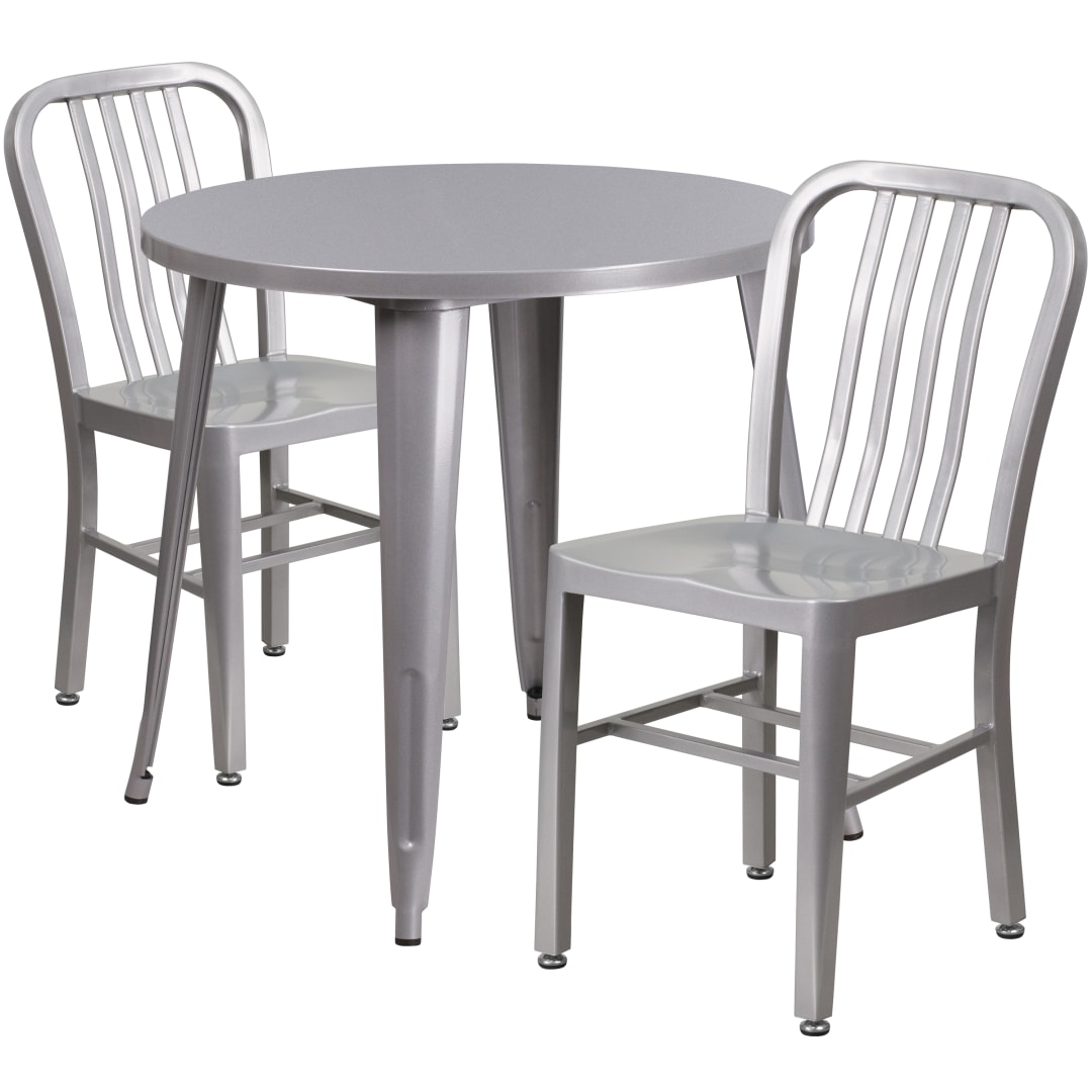 Craig Commercial Grade 30" Round Silver Metal Indoor-Outdoor Table Set with 2 Vertical Slat Back Chairs