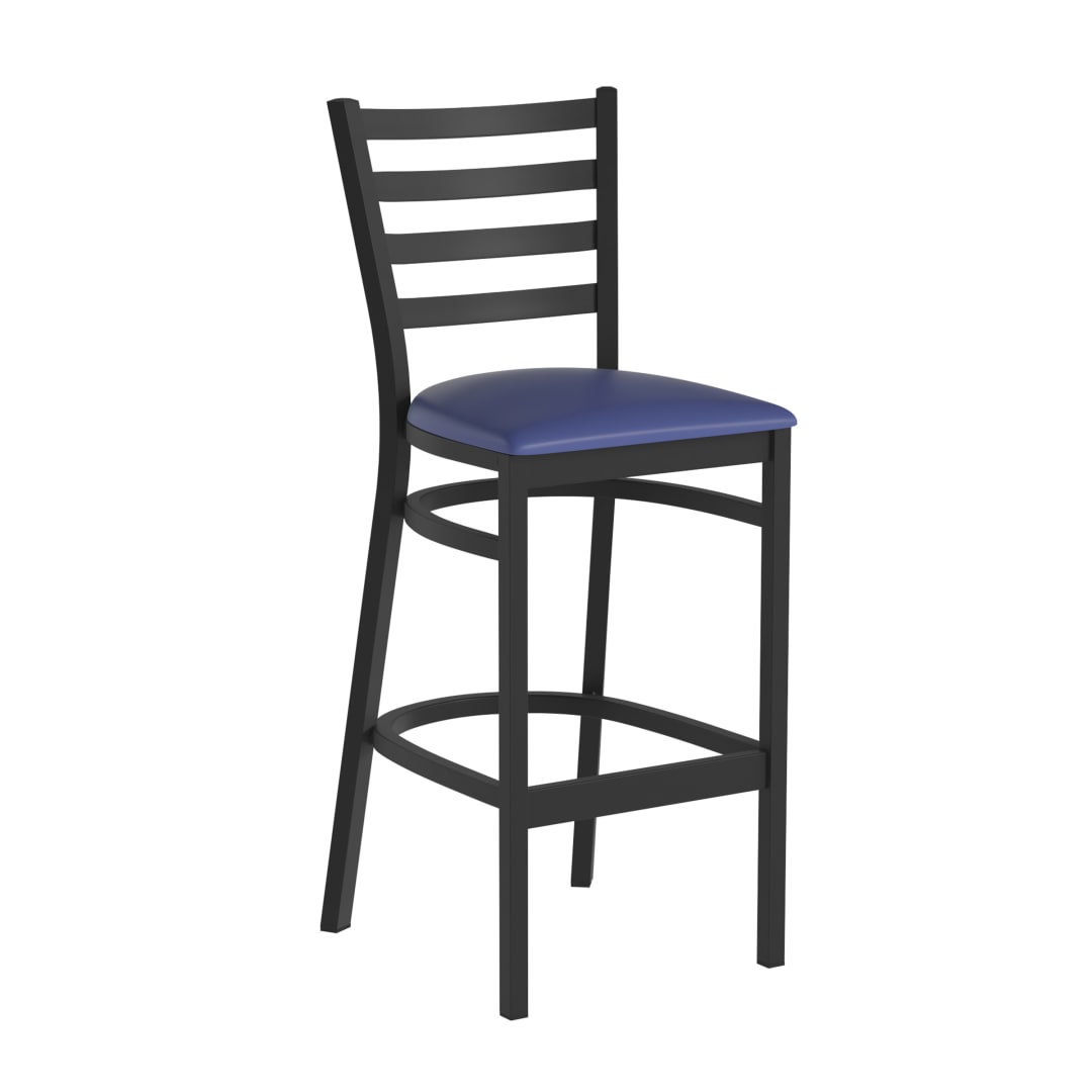 HERCULES Black Ladder Back Metal Restaurant Barstool - Blue Vinyl Seat
