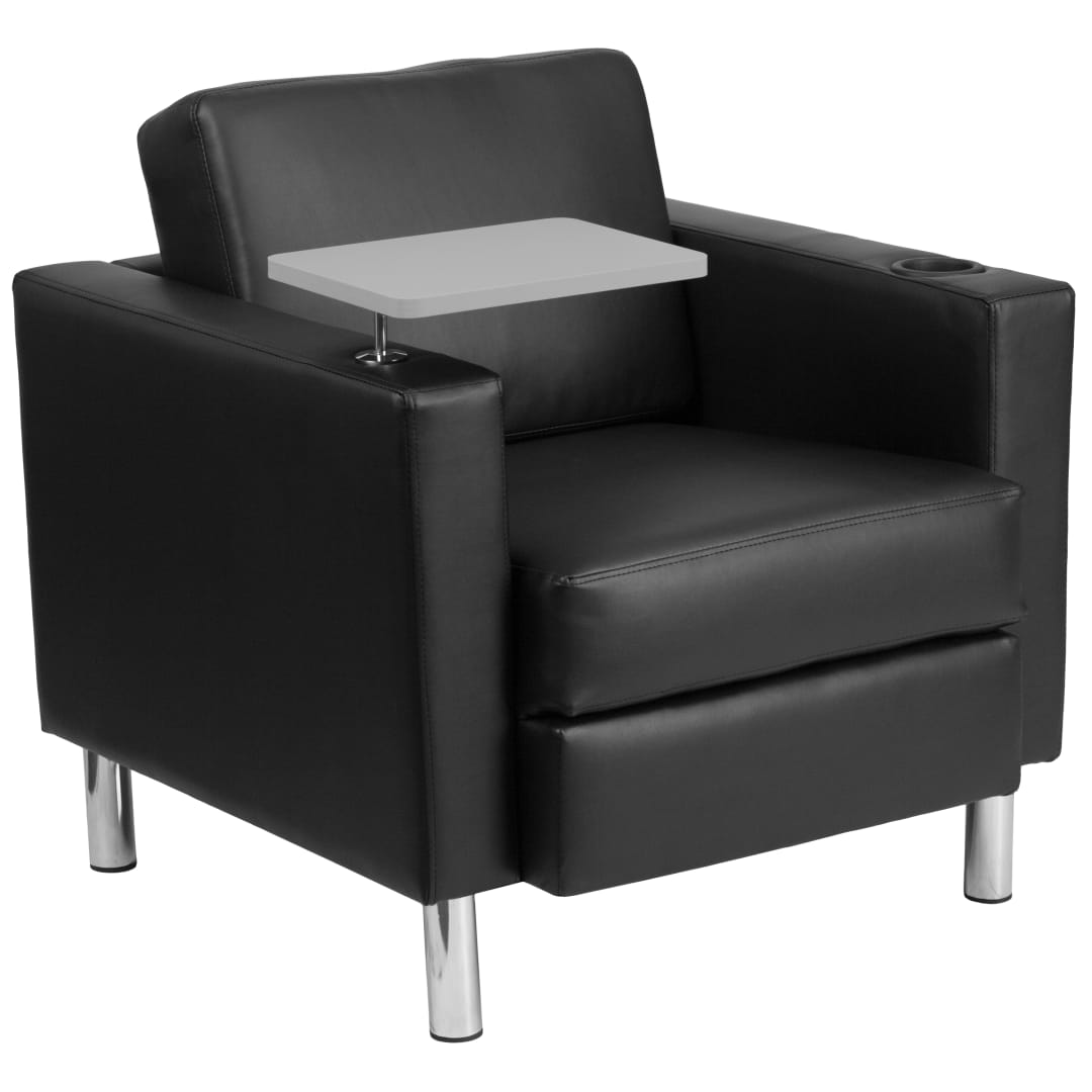 George Black LeatherSoft Guest Chair with Tablet Arm, Tall Chrome Legs and Cup Holder