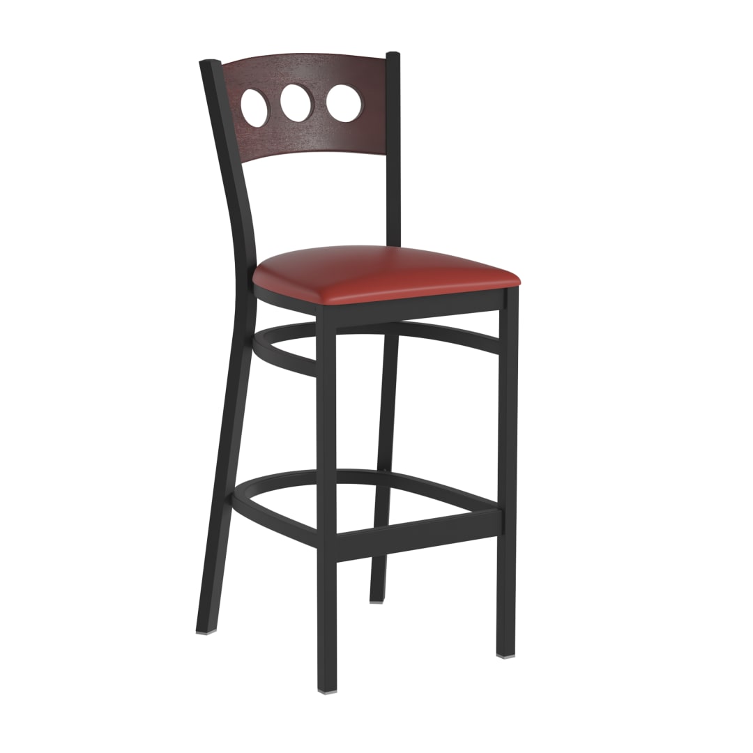 HERCULES Black 3 Circle Back Metal Restaurant Barstool - Walnut Wood Back, Red Vinyl Seat