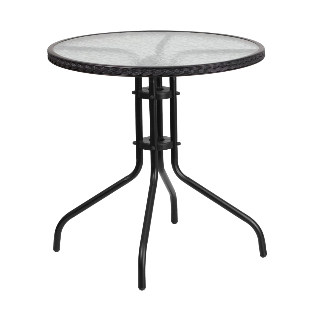 Barker 28'' Round Tempered Glass Metal Table with Black Rattan Edging