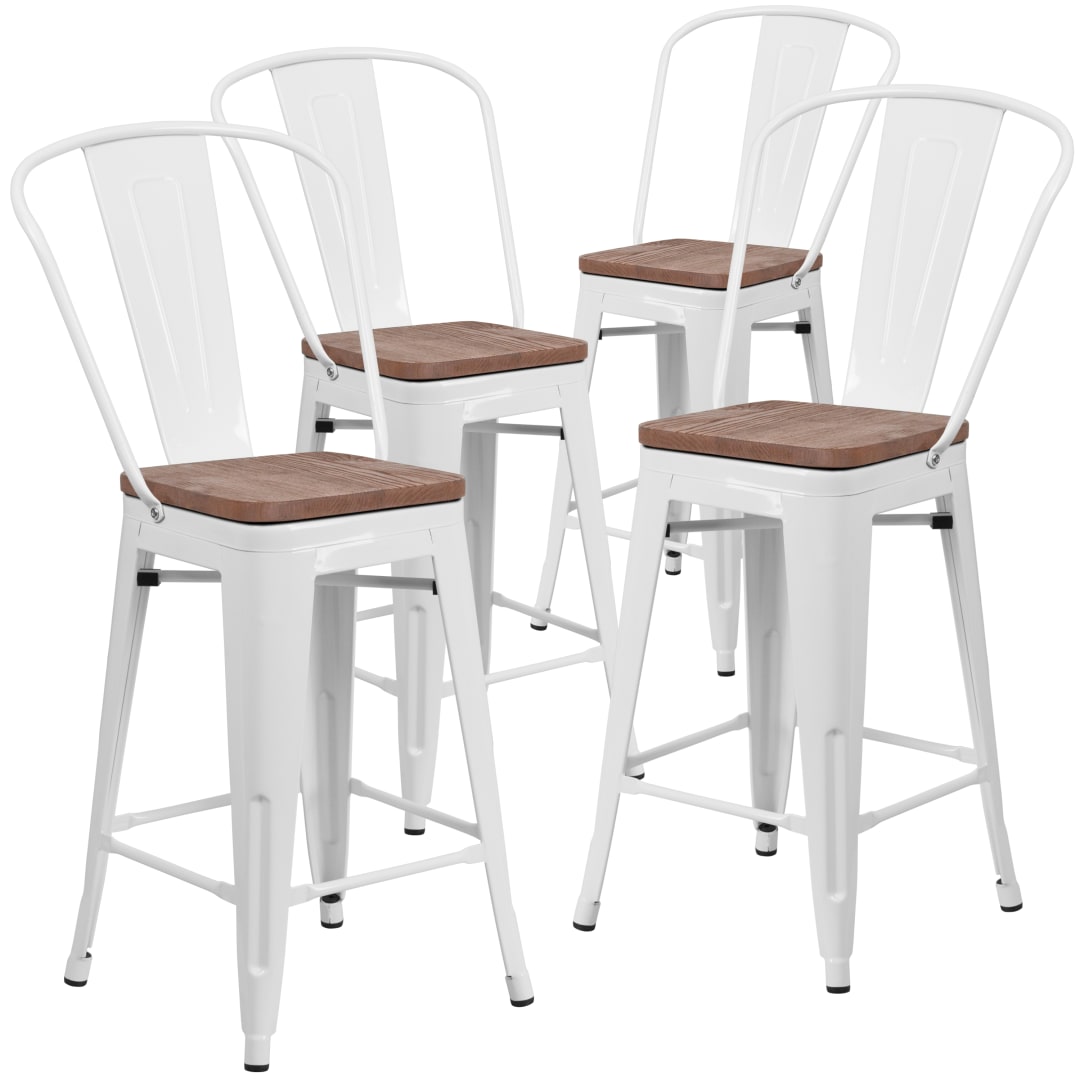 Lily 4 Pack 24" High White Metal Counter Height Stool with Back and Wood Seat
