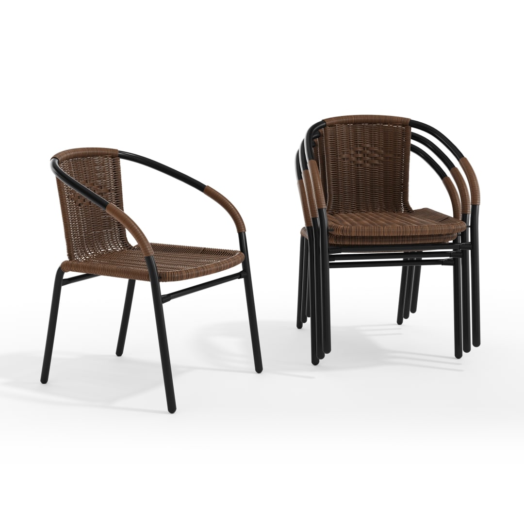 Lila Set of 4 Commercial Grade Medium Brown Rattan Indoor-Outdoor Restaurant Stack Chairs