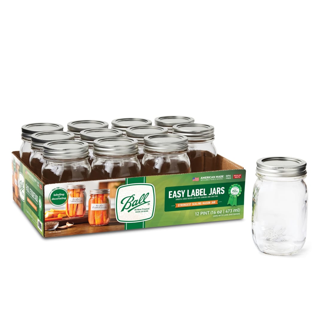 Ball® Easy-Label Smooth-Sided Mason Jars, 16-Oz. Regular Mouth Glass Jars, Pint-Size Mason Canning Jars, 12 Pack