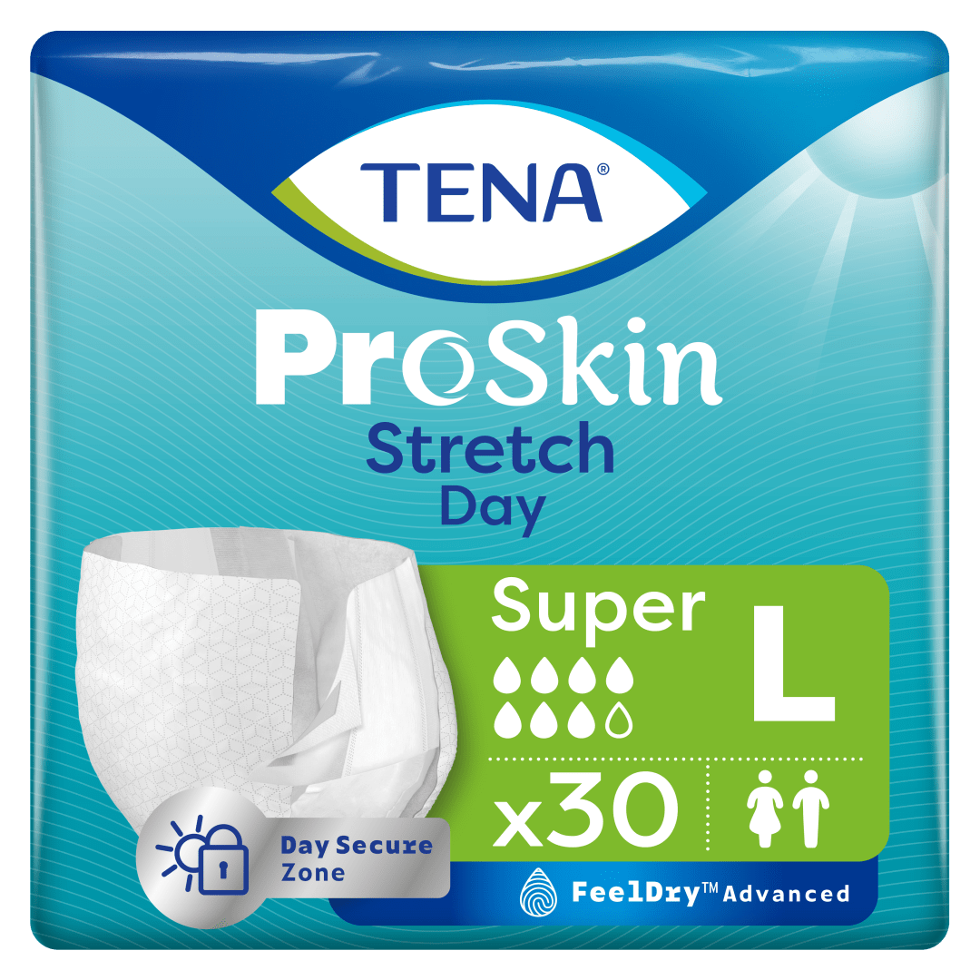 TENA ProSkin Stretch Day for moderate to heavier leaks. Easy to handle pull-up incontinence briefs with stretch sides and wide adjustable tabs. L, White, 30 Pack