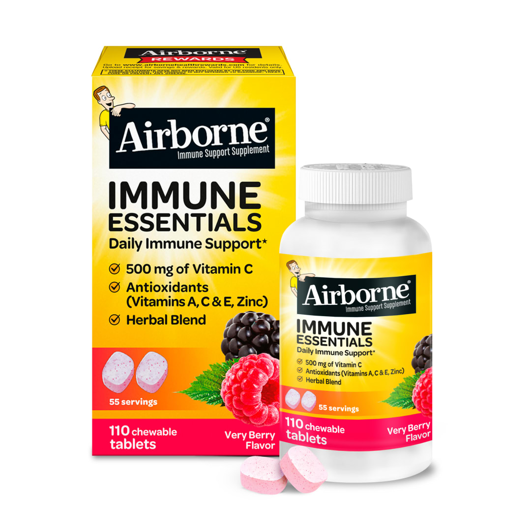Tabletas masticables Airborne Very Berry Immune Essentials, 110 unidades – 500 mg vitamina C, potentes vitaminas antioxidantes A, C, E, selenio y zinc
