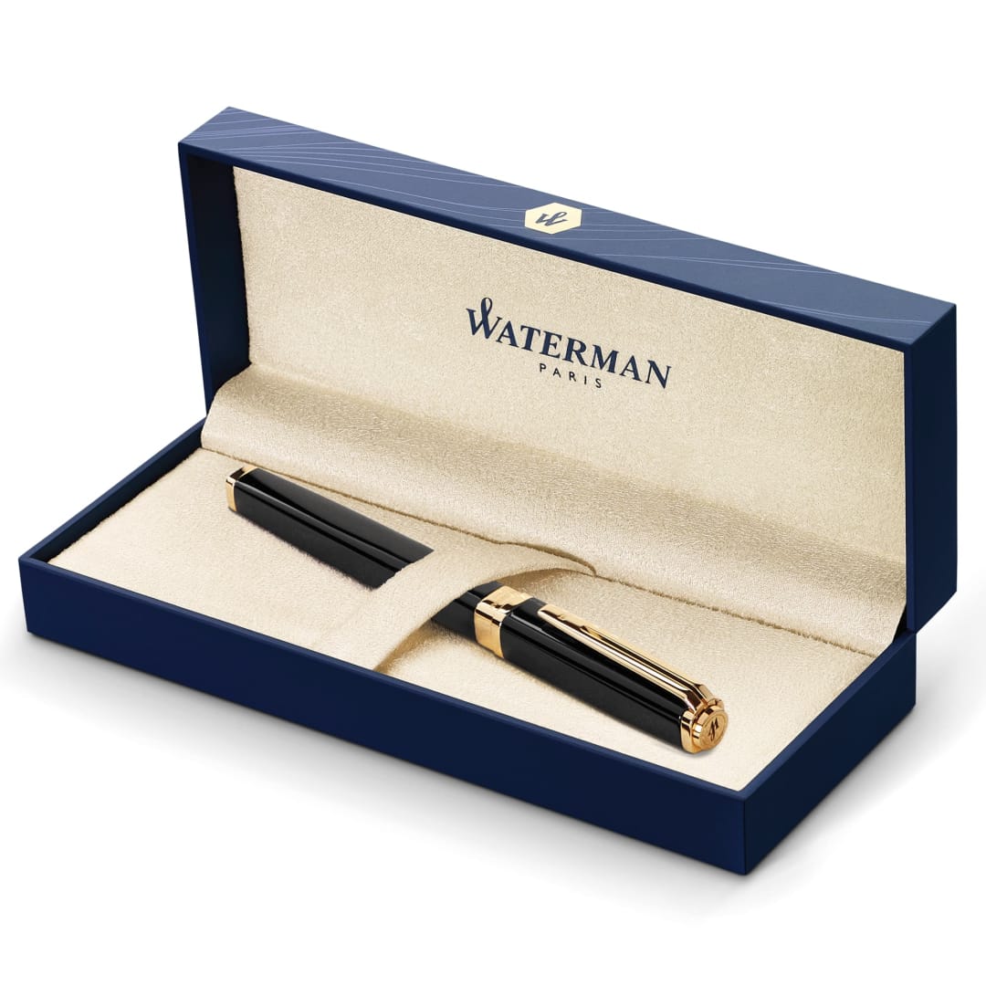 Waterman Exception Fountain Pen | Slim Black with 23k Gold Clip | Fine Nib with Blue Ink Cartridge | Gift Box