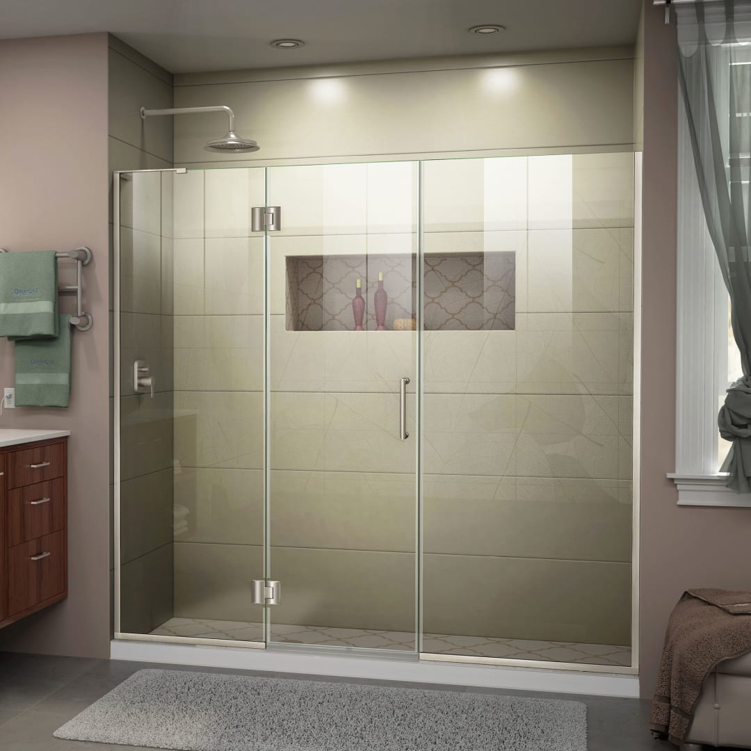 DreamLine Unidoor-X 68 1/2 - 69 inch W x 72 inch H Frameless Hinged Shower Door in Brushed Nickel - Left Wall Installation
