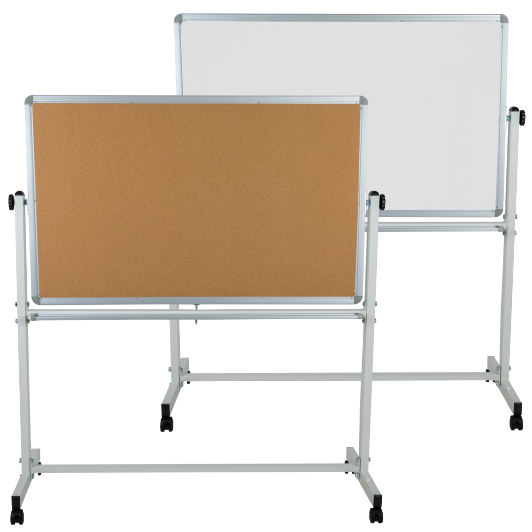 HERCULES Series 53"W x 59"H Reversible Mobile Cork Bulletin Board and White Board with Pen Tray