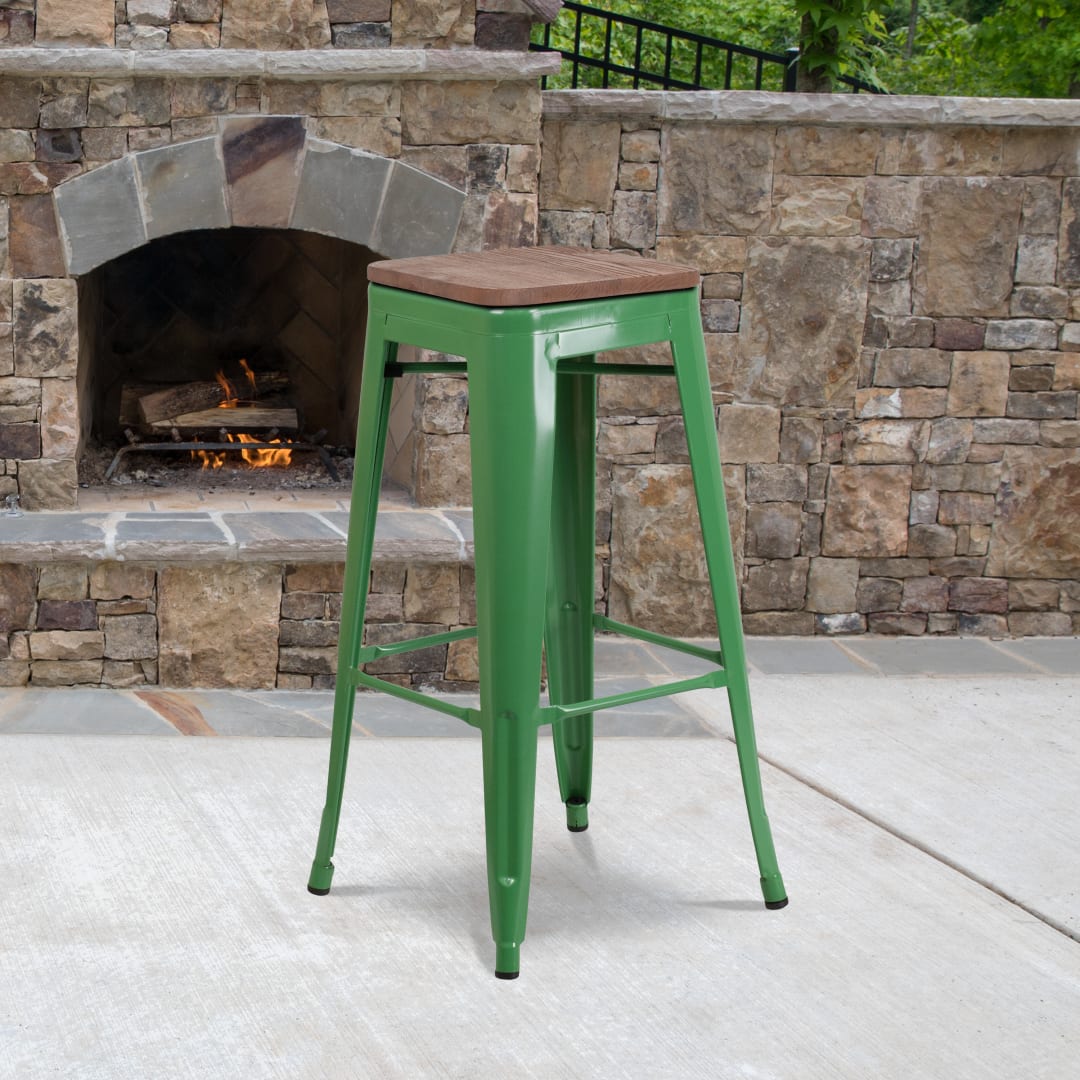 Lily 30" High Backless Green Metal Barstool with Square Wood Seat