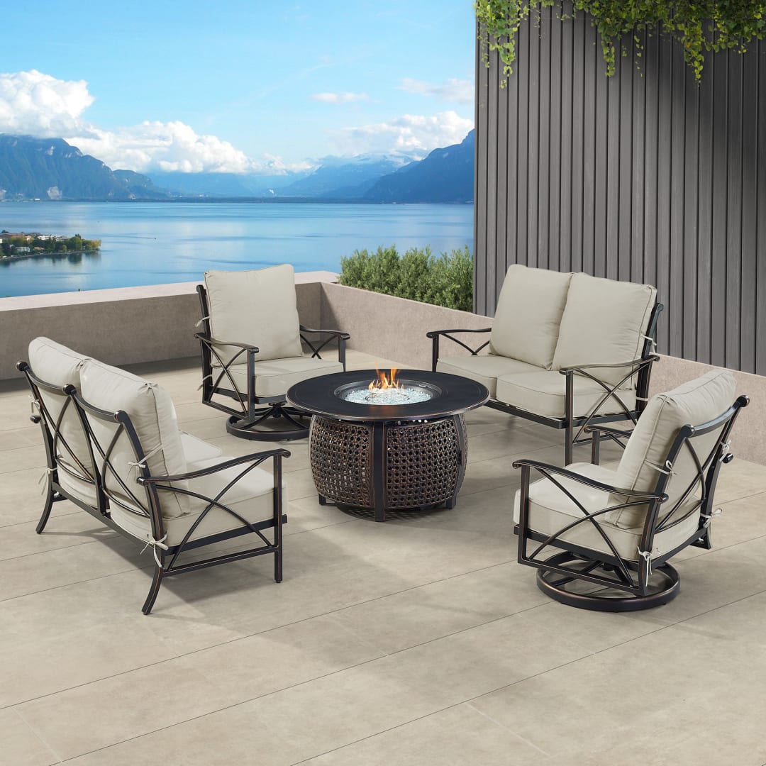 Black Aluminum Patio Fire Table Set with Two Deep Seating Loveseat with Cushions and Two Club Chairs