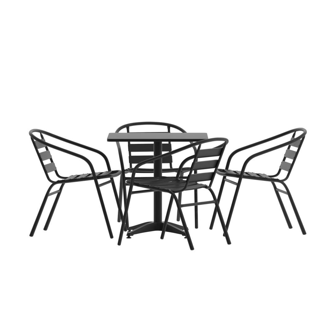 Lila 27.5'' Black Square Aluminum Indoor-Outdoor Table Set with 4 Black Slat Back Chairs