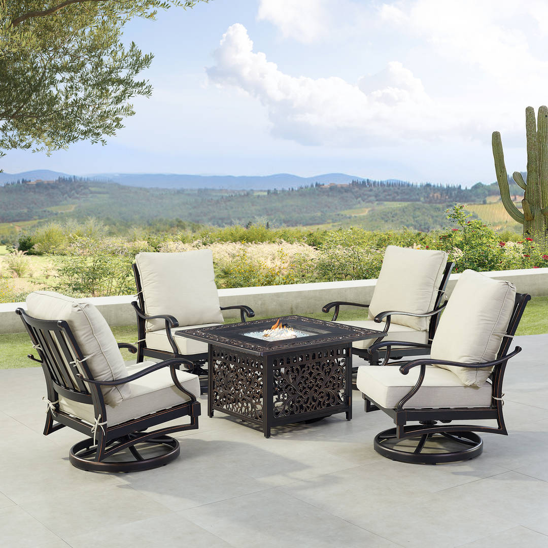 Black Aluminum Patio Fire Table Set with Four Club Chairs
