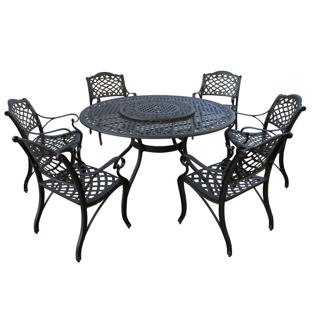 Modern Ornate Outdoor Mesh Aluminum 59-in Large Black Round Patio Dining Set with Lazy Susan and Six Chairs