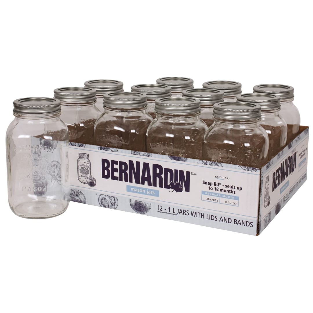 Bernardin Mason Jar with Standard Lids and Bands, 1L, 12 Count
