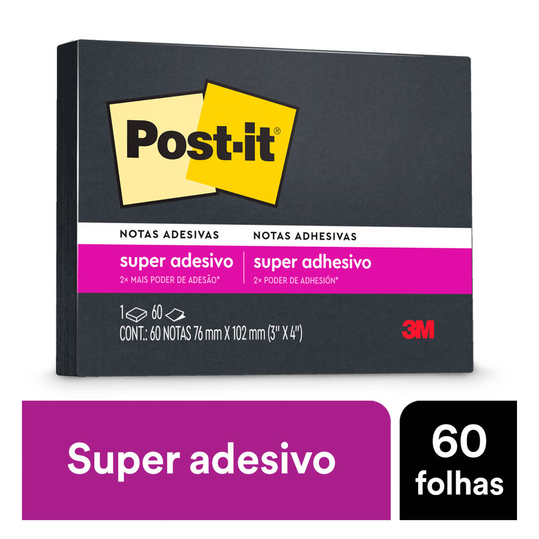 Bloco de Notas Super Adesivas Post-it®, Preto, 76 mm x 102 mm, 60 Folhas