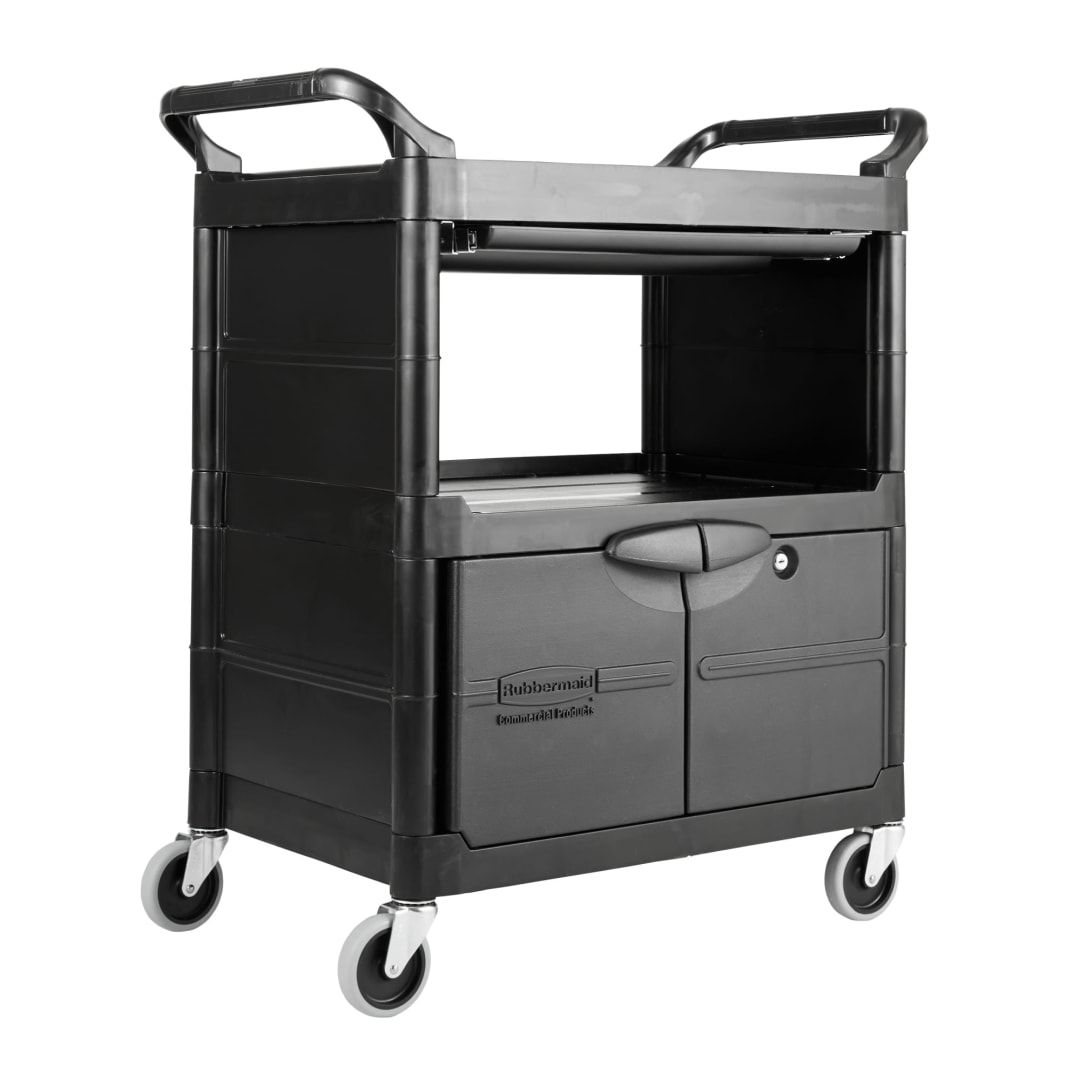 Service Cart with Lockable Doors and Sliding Drawer, Black