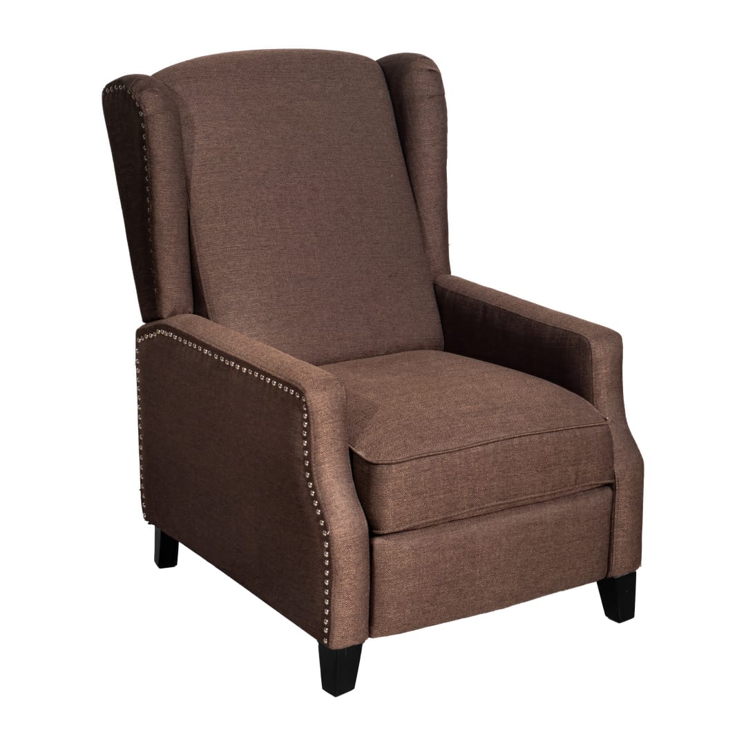Prescott Traditional Style Slim Push Back Recliner Chair-Wingback Recliner with Brown Polyester Fabric Upholstery-Accent Nail Trim