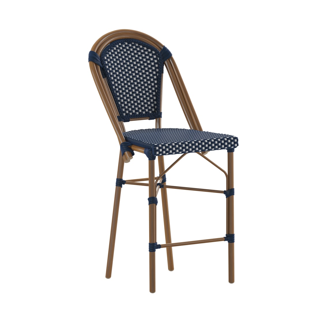 Bordeaux Stackable Indoor/Outdoor Bistro 26" High Counter Height Stool, Commercial Grade, Navy/White and Bamboo Finish