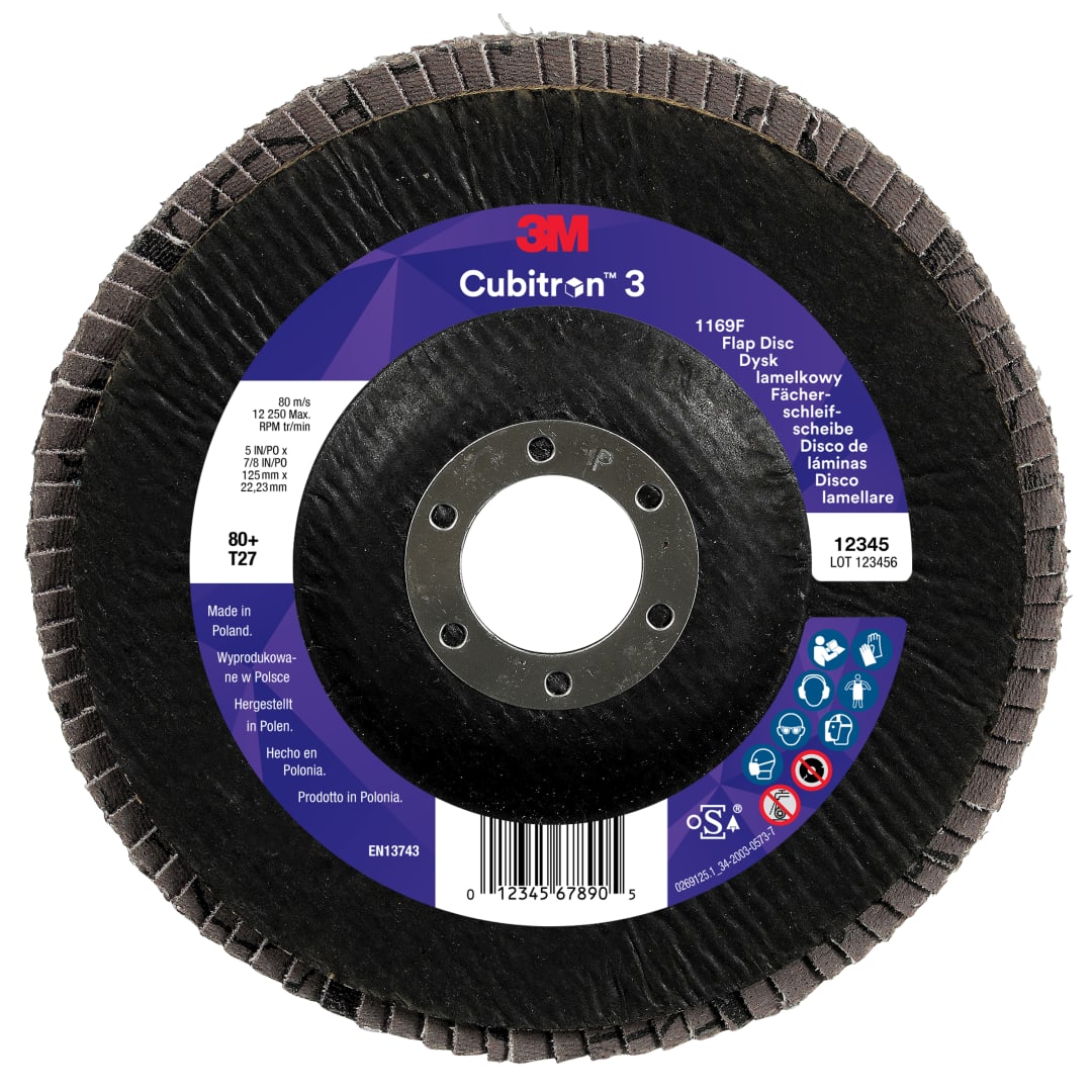 3M™ Cubitron™ 3 Flap Disc 1169F, 80+, T27-Flat, 125 mm x 22.23 mm, 10/Pack, 100 ea/Case