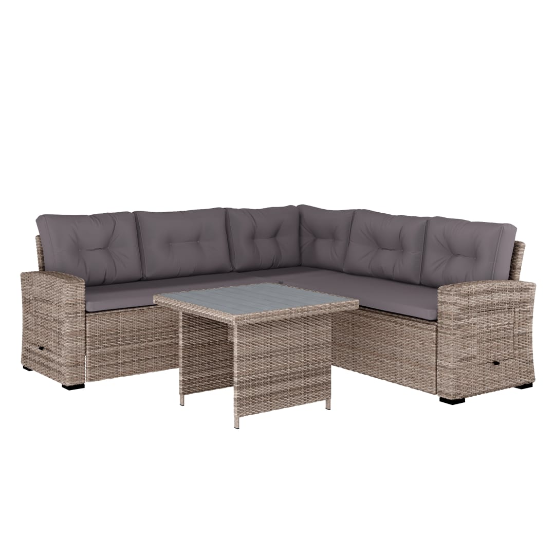Huck Indoor/Outdoor Wicker Rattan Conversation Set, L-Shaped Sofa with Dining Table, Weather Resistant Cushions, Gray