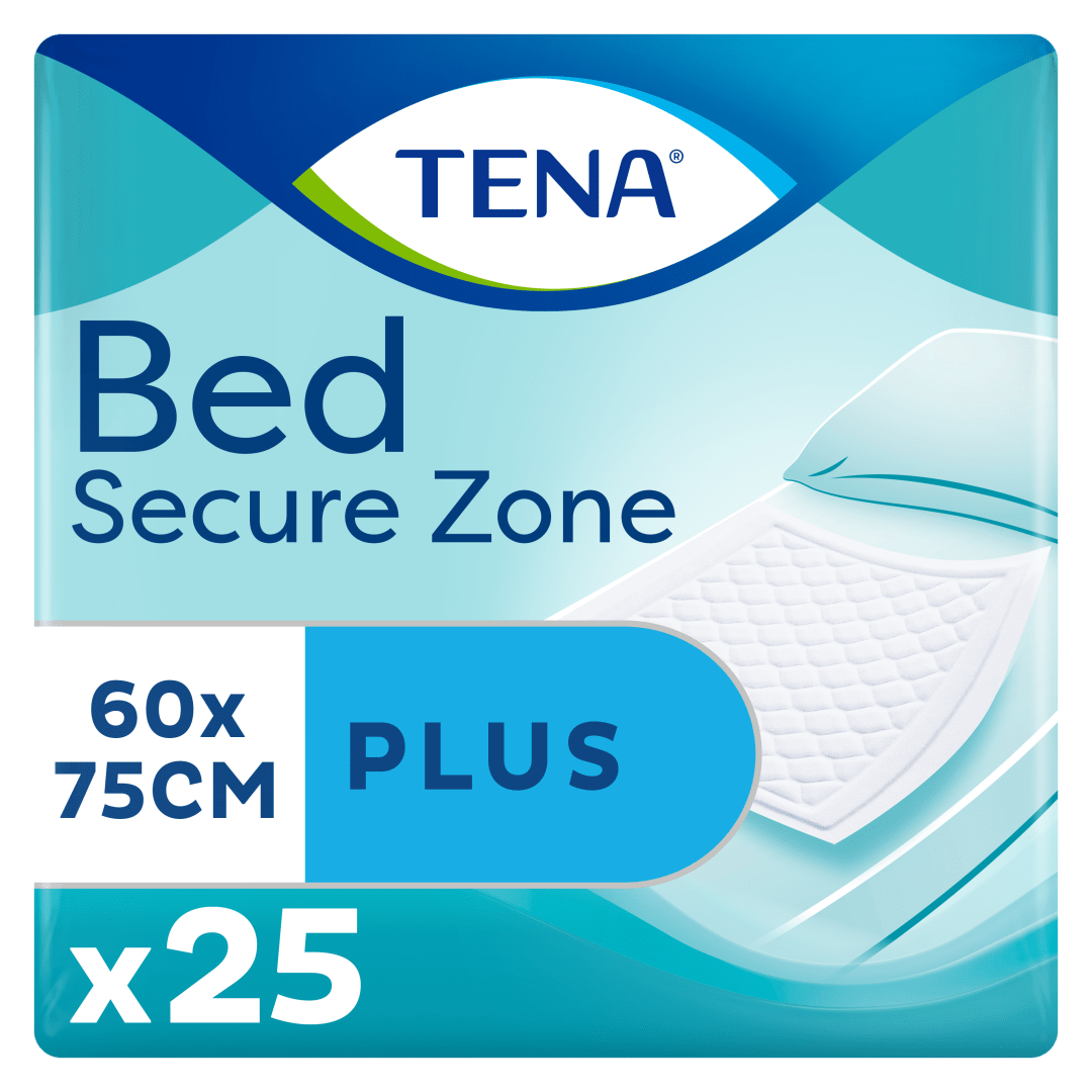 TENA Bed Secure Zone Plus – Incontinence Bed Pads for Mattresses, Chairs &amp; Wheelchairs, Secure Zone Pattern with Super-Absorbent Micro Beads, Dermatologically Tested -  60 cm x 75 cm, Pack of 25